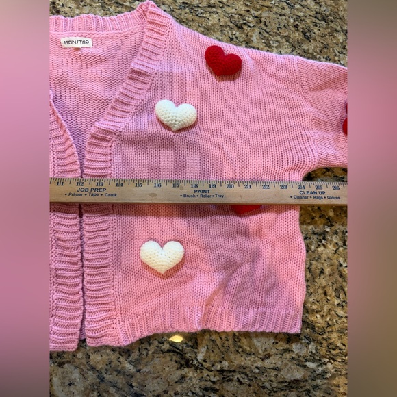 Main strip women’s Pink 3D red white Heart cropped Knit Cardigan side large - Picture 4 of 6
